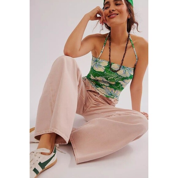 Free People Poppy Tube Blouse Top Cropped Floral Smocked Ruffle L NWD 272141 - Picture 2 of 10